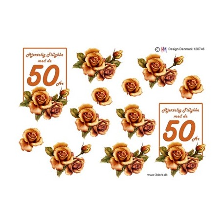 Orange rose med tekst "Hjertelig tillykke med 50 år", 3D ark